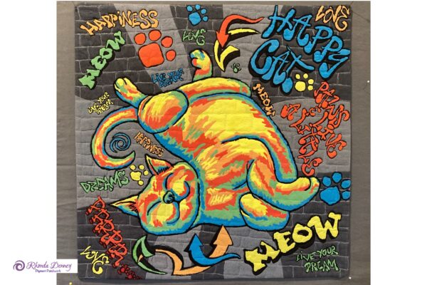 Rhonda Denney - Happy Cat - Graffiti- 2022 Cherrywood Fabric Challenge  20” x 20” Fiber Art 2022