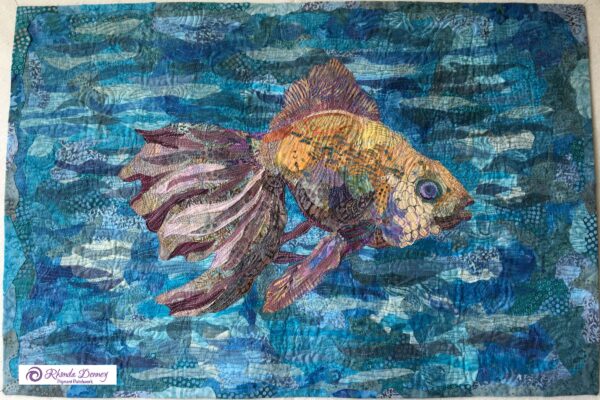 Rhonda Denney - Golden Violaceous Beauty – Fish 20” x 30” Fiber Art 2018