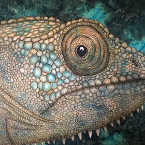 Close-up of a chameleon's textured skin and eye.