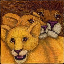 Illustration of a lioness and a lion with expressive faces.